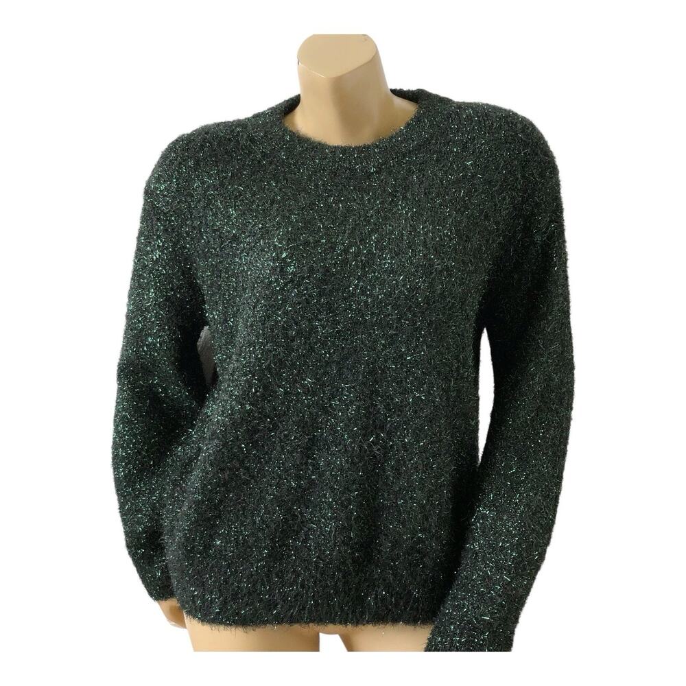 H&M Sweater Womens S Dark Green Metallic Knit Plush Pullover Crewneck Stretch